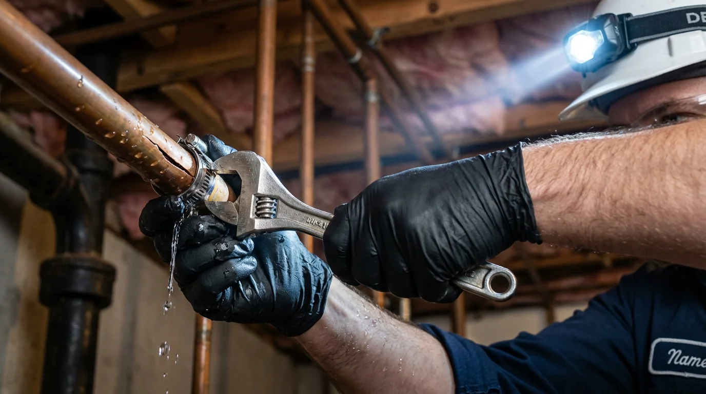 Emergency pipe clamp repair being performed by a Johns Plumbing LLC plumber in Tallahassee