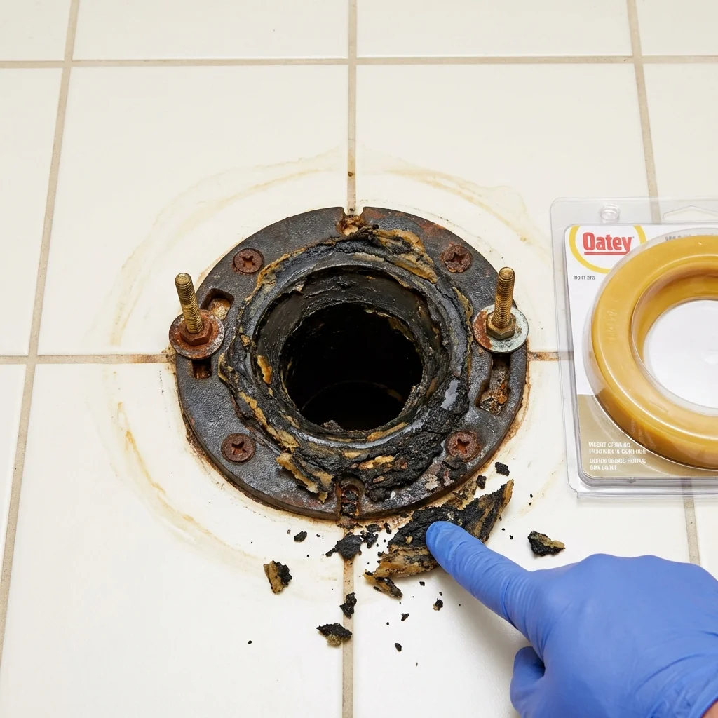 Failed wax ring showing water seepage at the base of a toilet in a Tallahassee, FL home