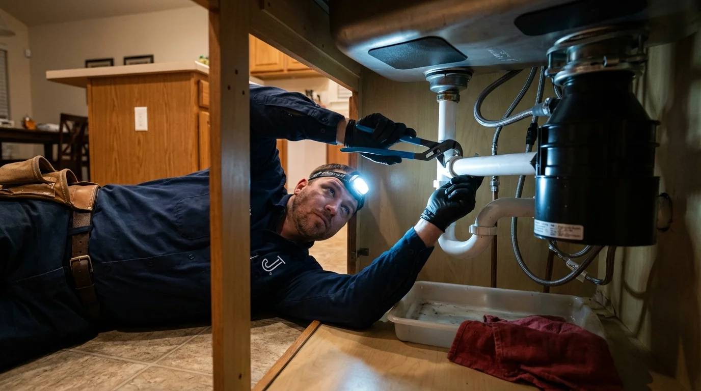 P-trap and supply line connections under a kitchen sink showing a common leak point in Tallahassee, FL